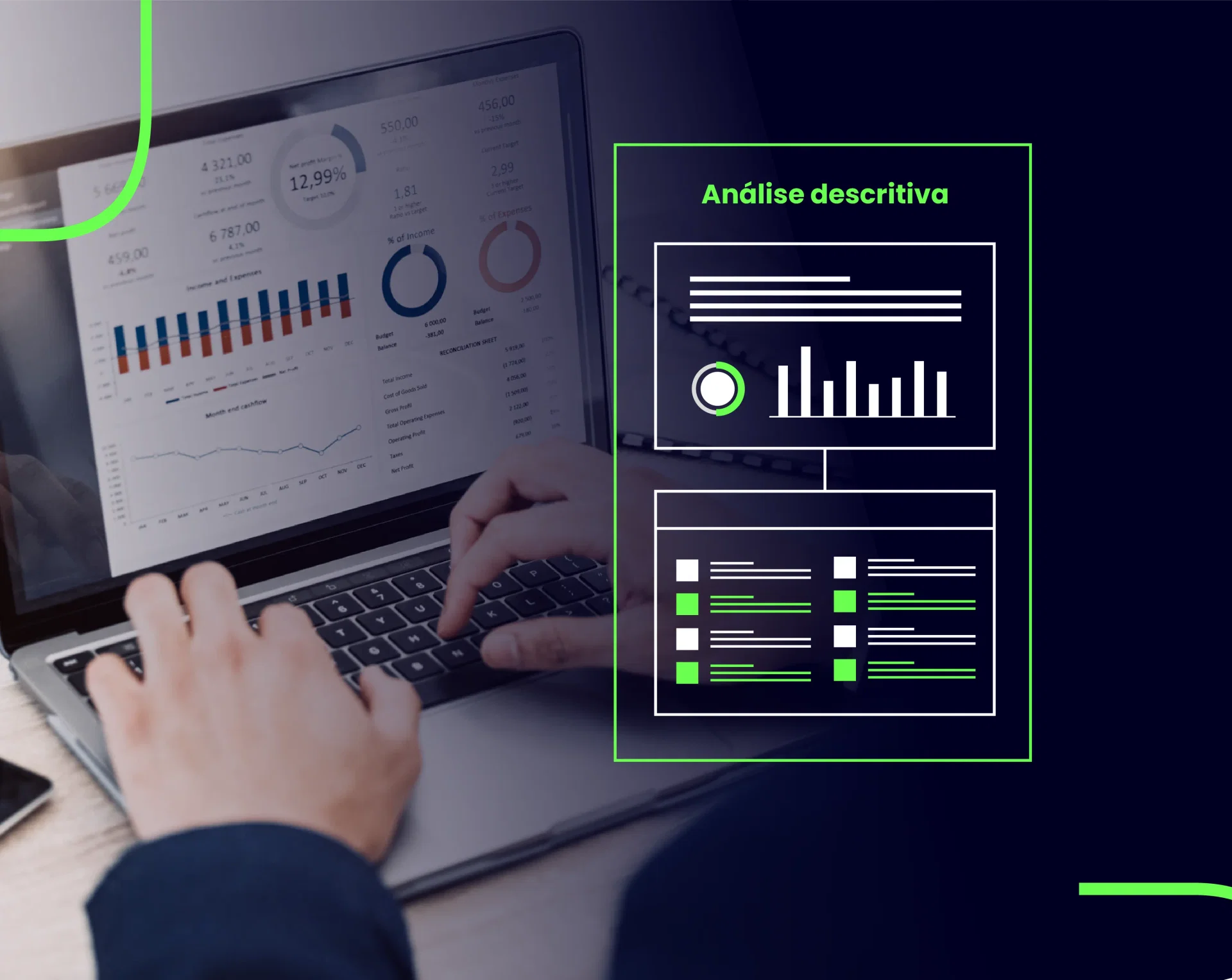 Análise descritiva - foto de uma pessoa analisando gráficos em um computador