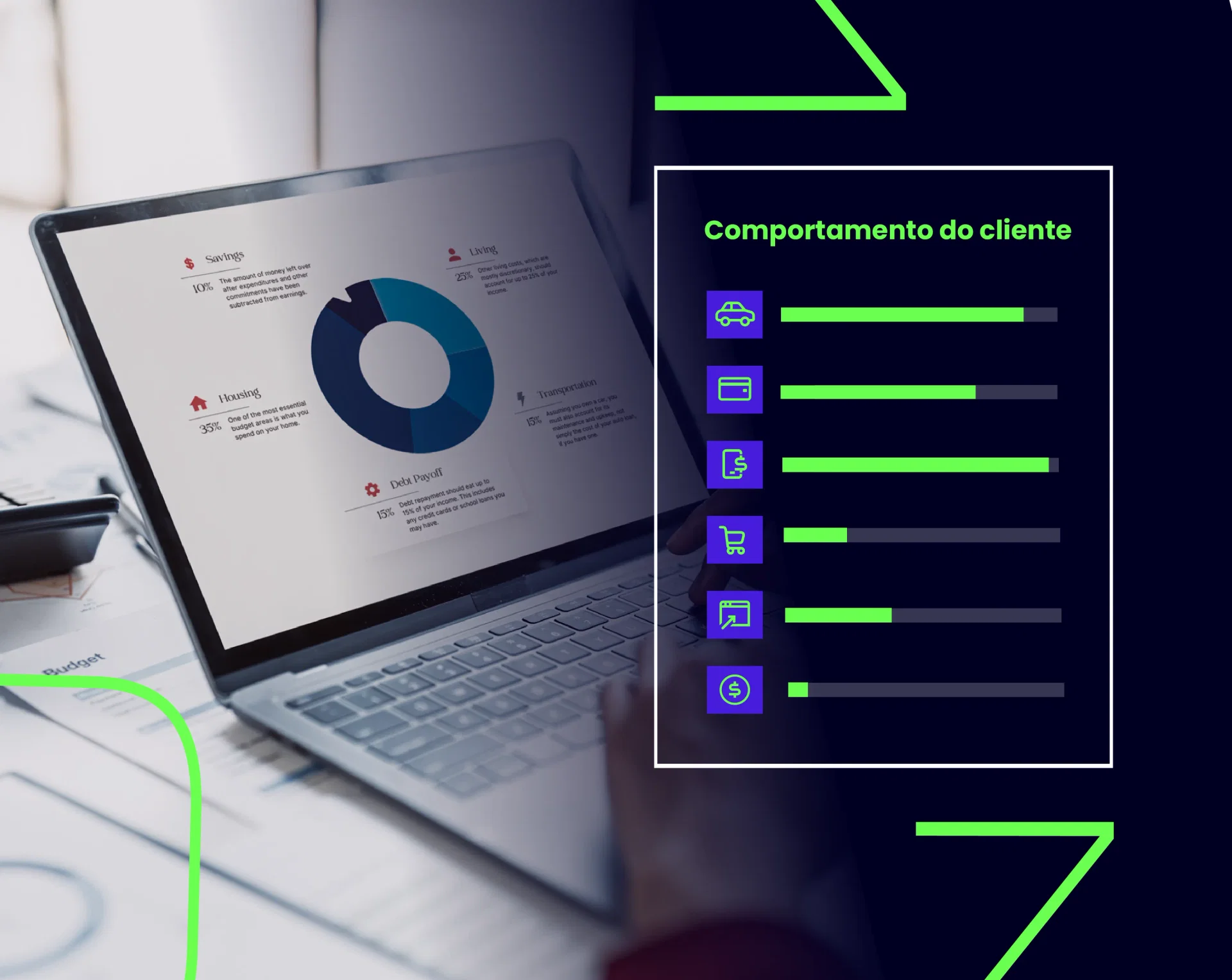 Gráfico circular e barras em um laptop, representando dados de comportamento do cliente em categorias como transporte, moradia e consumo, destacando a importância da análise detalhada.