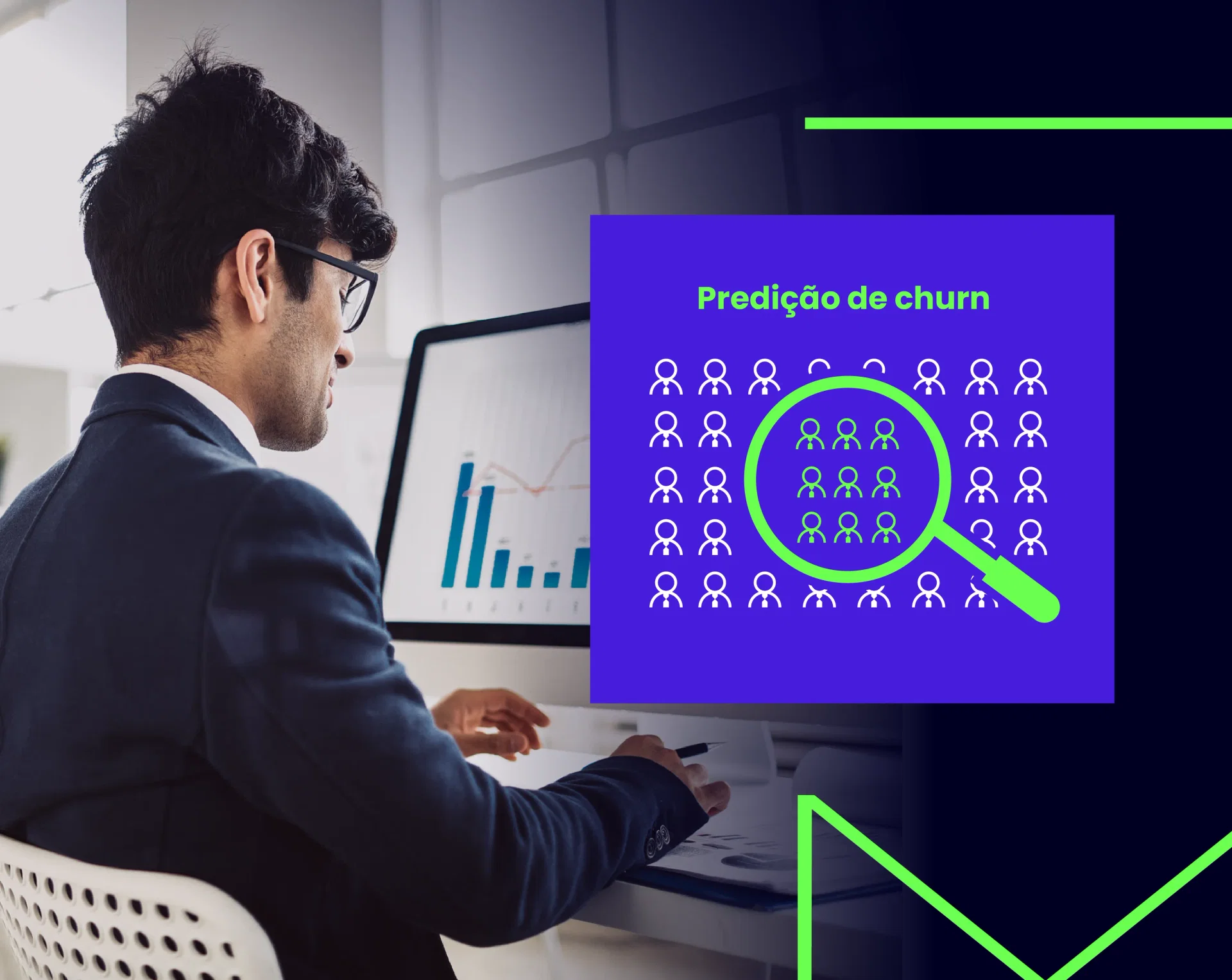 Homem em um escritório analisando dados em um computador, com destaque para uma lupa em um gráfico de churn, indicando o uso de IA para identificar clientes em risco de cancelamento.