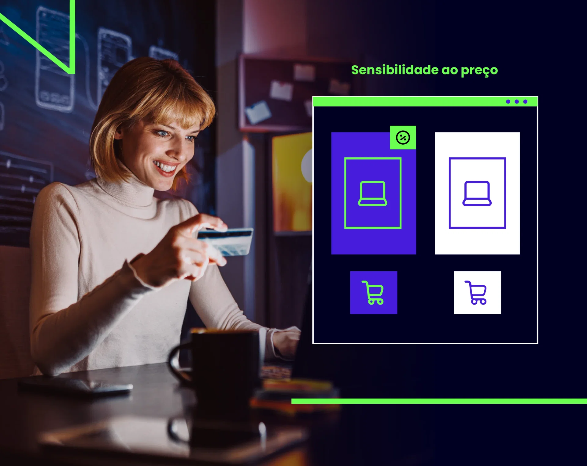  Mulher segurando um cartão de crédito e analisando diferentes opções de preços exibidas na tela de um laptop, destacando o impacto da sensibilidade ao preço na jornada do cliente.