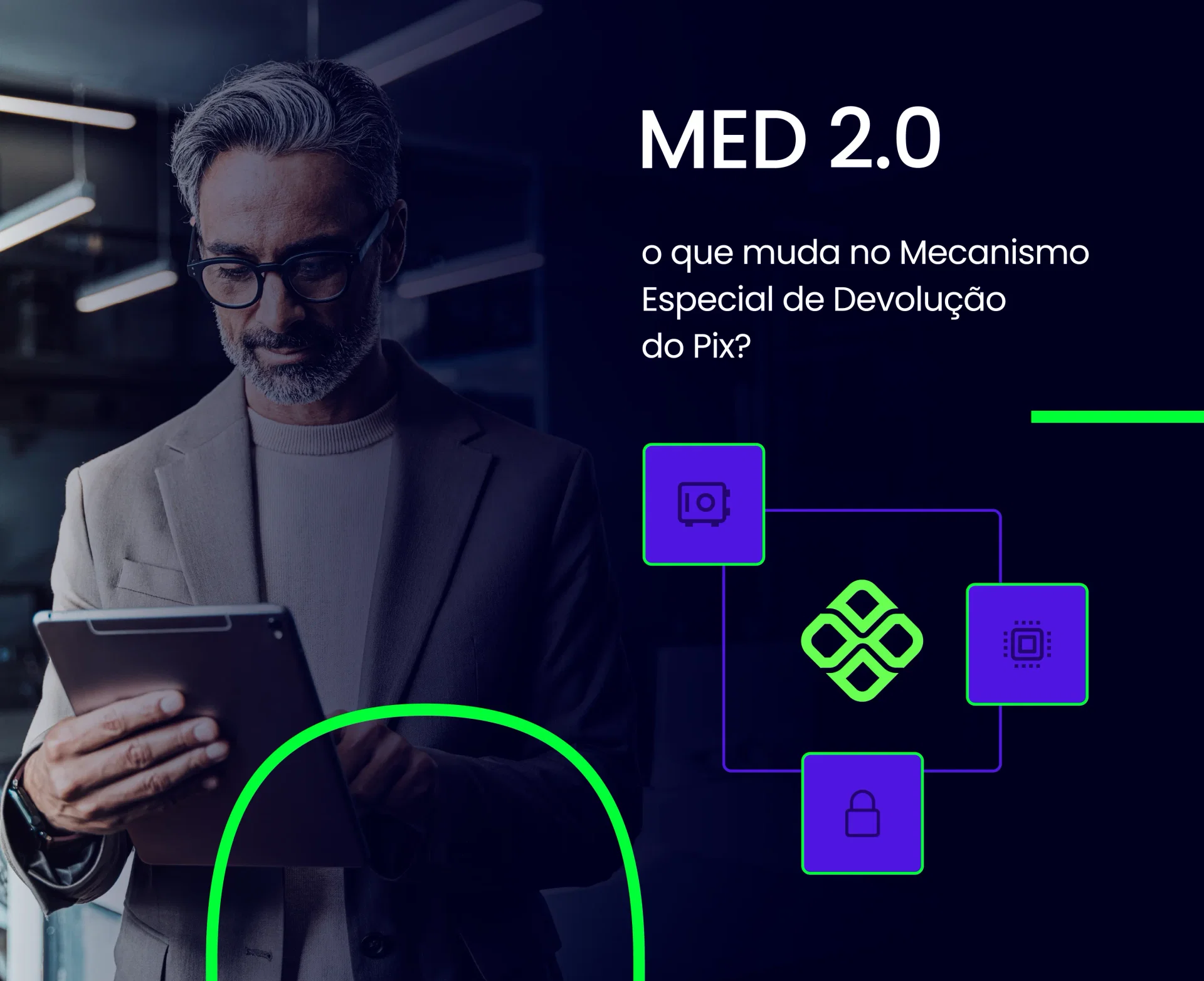 Foto de um homem conferindo informações em um tablet com o texto: Garanta a conformidade com o MED: Saiba como a tecnologia de ponta é crucial para a gestão eficiente do Mecanismo Especial de Devolução do Pix.