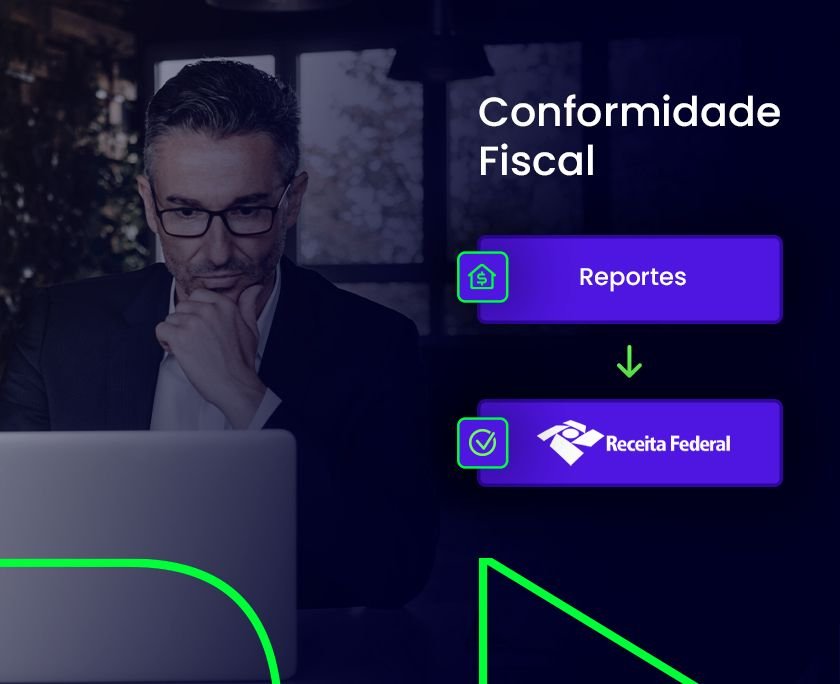 imagem de um homem em frente a um computador com postura de análise. Ao lado dele, duas caixas gráficas escrito "reportes" "receita federal"