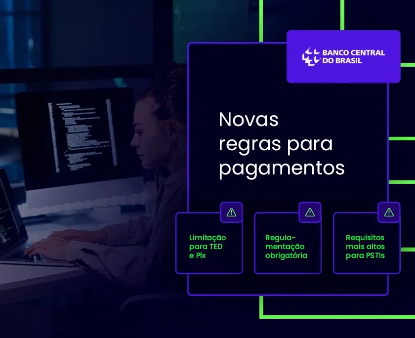 Imagem que mostra uma pessoa trabalhando em um sistema digital. Na imagem tem o logo do Banco Central do Brasil aplicado e o texto "Novas regras para pagamentos: Limitação para TED e Pix; Regulamentação obrigatória; Requisitos mais altos para PSTIs