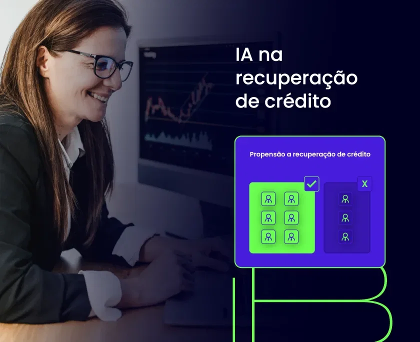 Foto de uma mulher em ambiente corporativo analisando uma tela com gráficos. Texto na imagem: IA na recuperação de crédito. Uma caixa com o texto "propensão a recuperação de crédito"