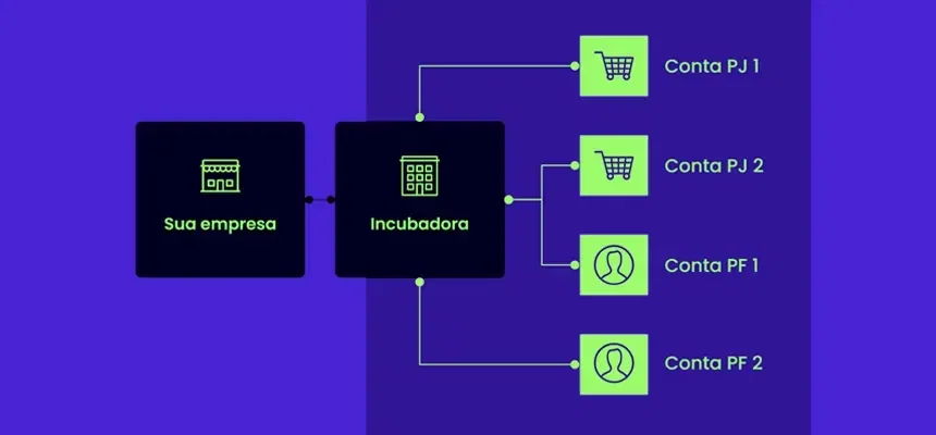 BaaS - imagem que mostra como funciona. Nela, a "Sua empresa" está conectada a "Incubadora" que se liga a Conta PJ1, Conta PJ 2, Conta PF 1 e Conta PF 2