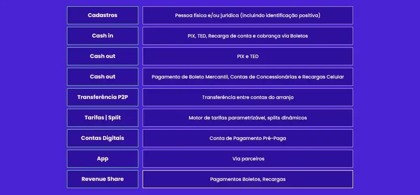 BaaS - Imagem com lista que mostra os serviços disponíveis no modelo BaaS: Cadastros, Cash in, Cash out (Pix e TED), Cash out ( Boleto, Concessionárias e Recargas de celular), Transferência P2P, Tarifas| Split, Contas digitais, App e Revenues Share