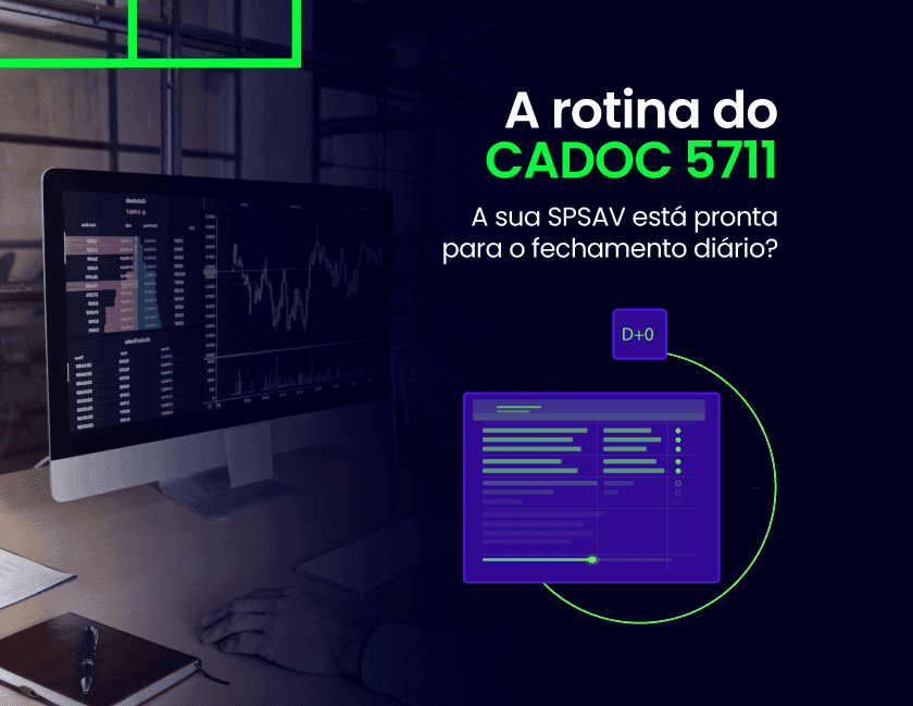 Card informativo com fundo azul escuro. À esquerda, destaca-se um monitor de computador em uma mesa exibindo gráficos financeiros de linha e tabelas de dados. À direita, o texto em branco e verde: 'A rotina do CADOC 5711: A sua SPSAV está pronta para o f