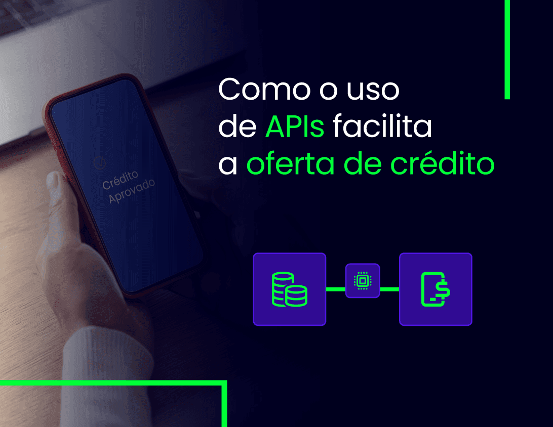 Card informativo com fundo azul escuro. À esquerda, mãos seguram um smartphone que exibe na tela a mensagem 'Crédito Aprovado'. À direita, o texto em branco e verde: 'Como o uso de APIs facilita a oferta de crédito'. Abaixo do texto, há três ícones roxos