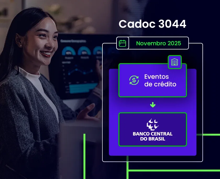 Mulher sorridente e um diagrama sobre "Cadoc 3044" com "Eventos de crédito" e "Banco Central do Brasil".