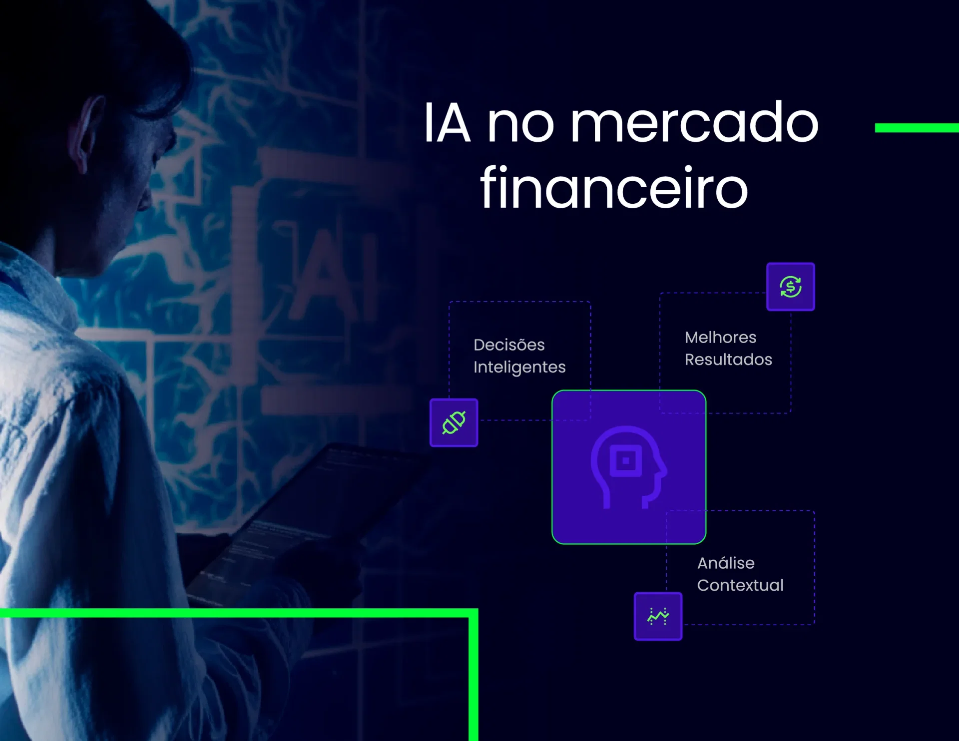 Pessoa utilizando um tablet com interfaces digitais de IA ao fundo. O texto principal destaca "IA no mercado financeiro", cercado por ícones que representam "Decisões Inteligentes", "Melhores Resultados" e "Análise Contextual".