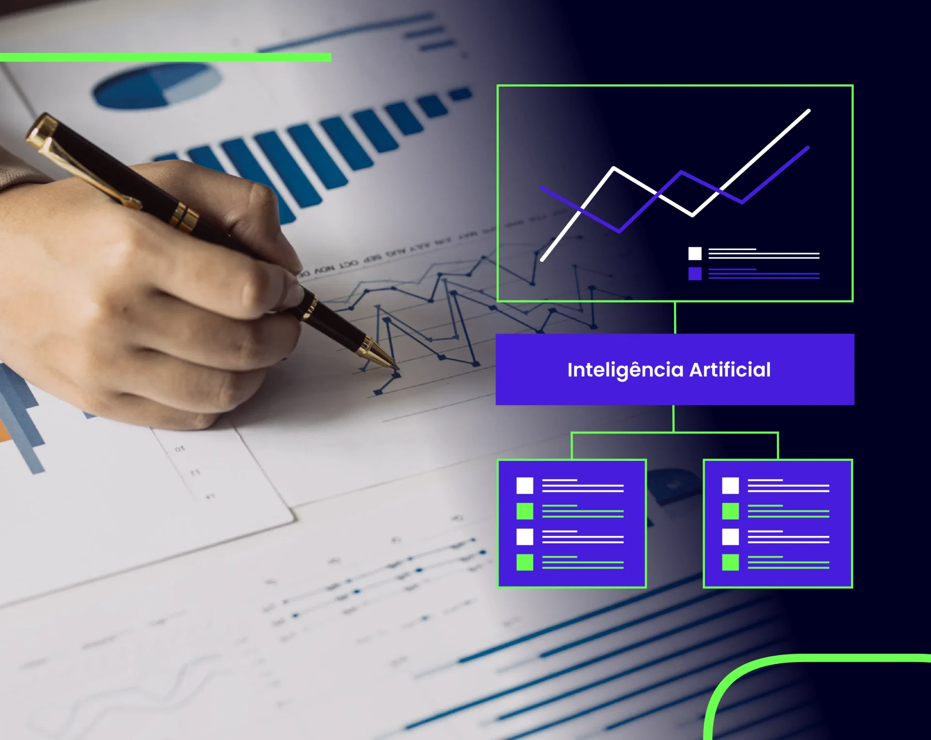 Foto de uma pessoa fazendo análise de dados, com gráficos e listas aplicados a frente