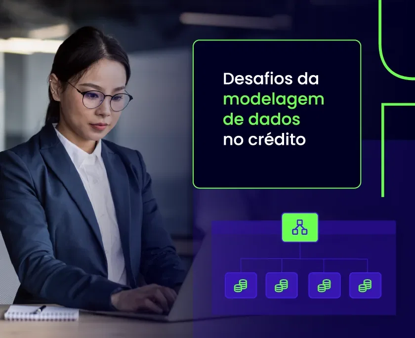 Mulher trabalhando em um laptop com a sobreposição 'Desafios da modelagem de dados no crédito' e um diagrama de fluxo.