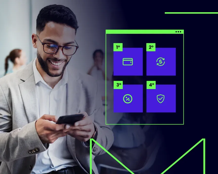 Homem sorrindo usa smartphone, enquanto ao lado exibe uma interface digital com quatro opções ou ofertas representadas por ícones (carteira, transação financeira, desconto/benefício, segurança), sugerindo uma seleção de "Next Best Offer" (NBO).