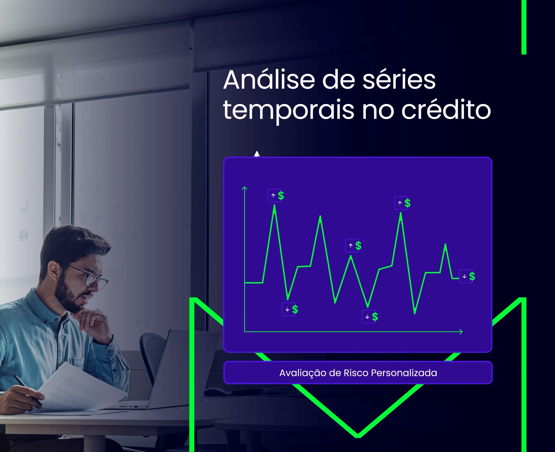 imagem de uma pessoa analisando relatórios ao fundo e na frente um gráfico de oscilação representando séries temporais