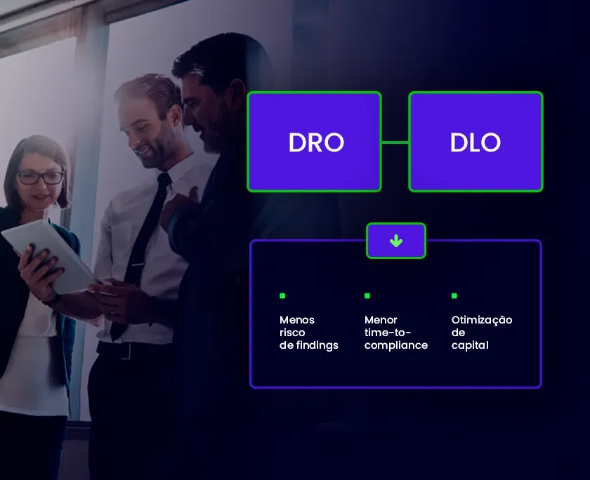 Três profissionais de negócios estão em primeiro plano, analisando um tablet. Ao fundo, um diagrama exibe blocos rotulados "DRO" e "DLO", conectados por linhas. Abaixo, outro bloco apresenta marcadores: "Menos risco de findings", "Menor time-to-compliance