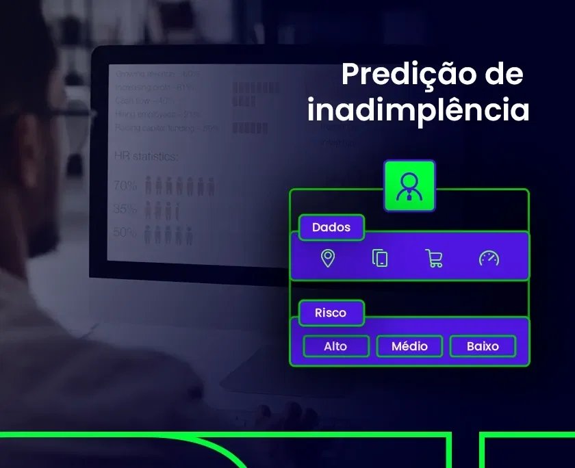 ilustração com uma foto de fundo e em destaque um organograma da predição de inadimplência.