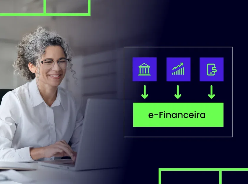 Mulher mais velha sorridente trabalhando em notebook, com gráfico ilustrando o conceito de e-Financeira e ícones representando instituições financeiras, crescimento e transações.