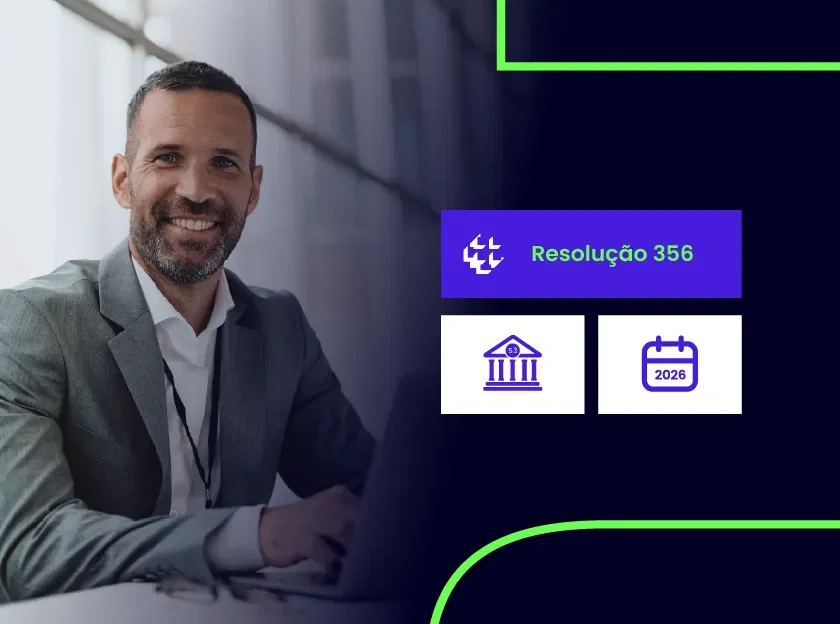 Homem sorridente e um painel digital com "Resolução 356" e ícones de banco e calendário 2026.